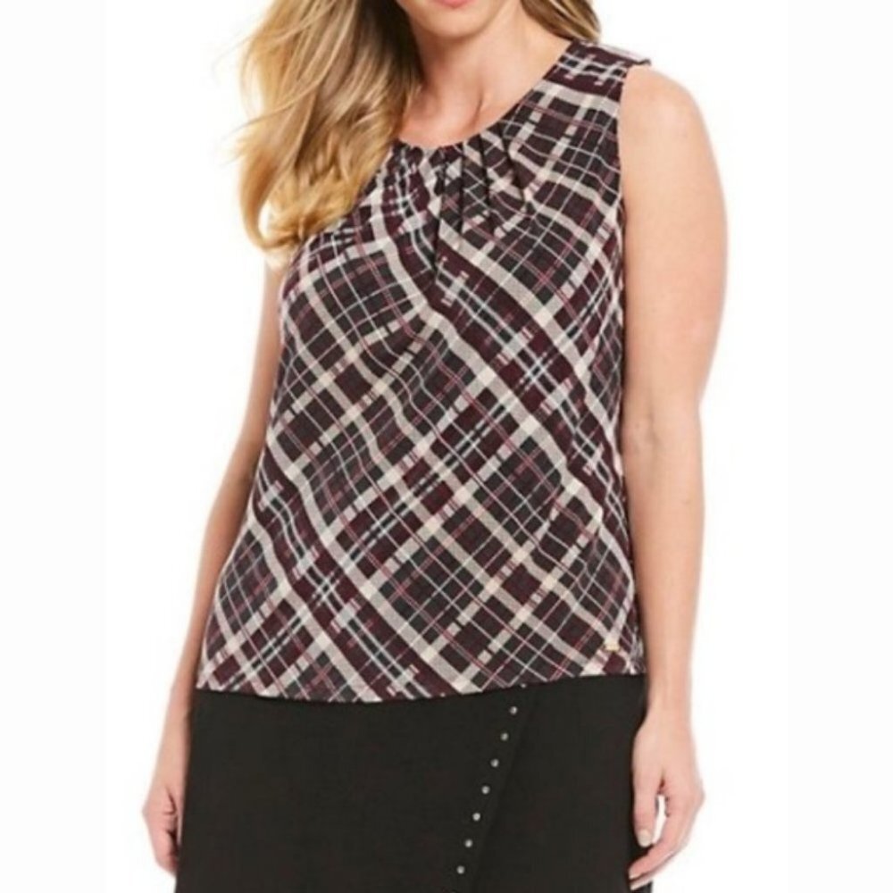 NEW Calvin Klein Plaid Jersey Pleat Neck Top Size 2X Shell‎ Blouse Bohemian NWOT